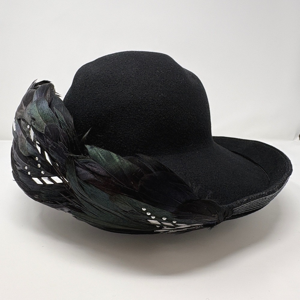 Oscar de la Renta Millinery Black‎ Wool Felt Feather Hat Art Deco Wide NWT VTG